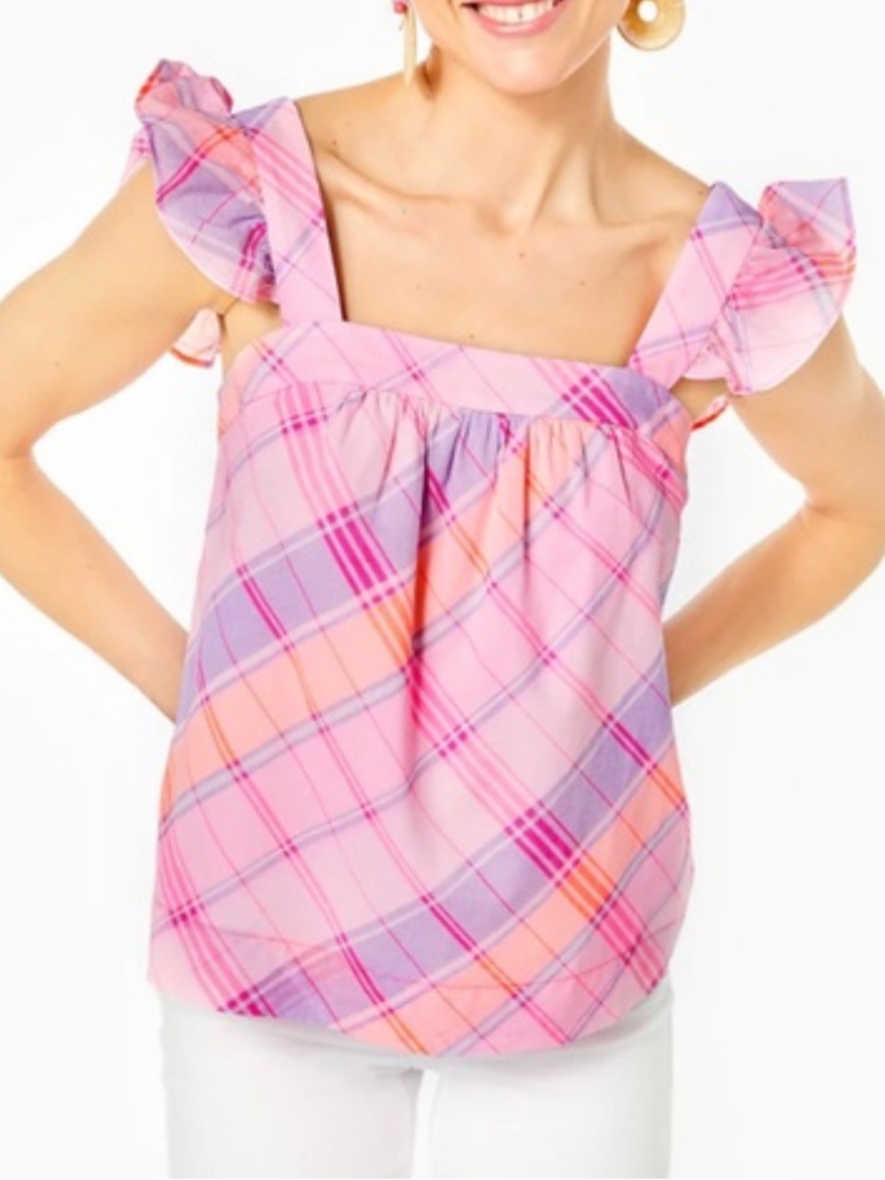 LILLY PULITZER Reyna Sleeveless Blouse Top Pink Isle Madras Plaid Size XS